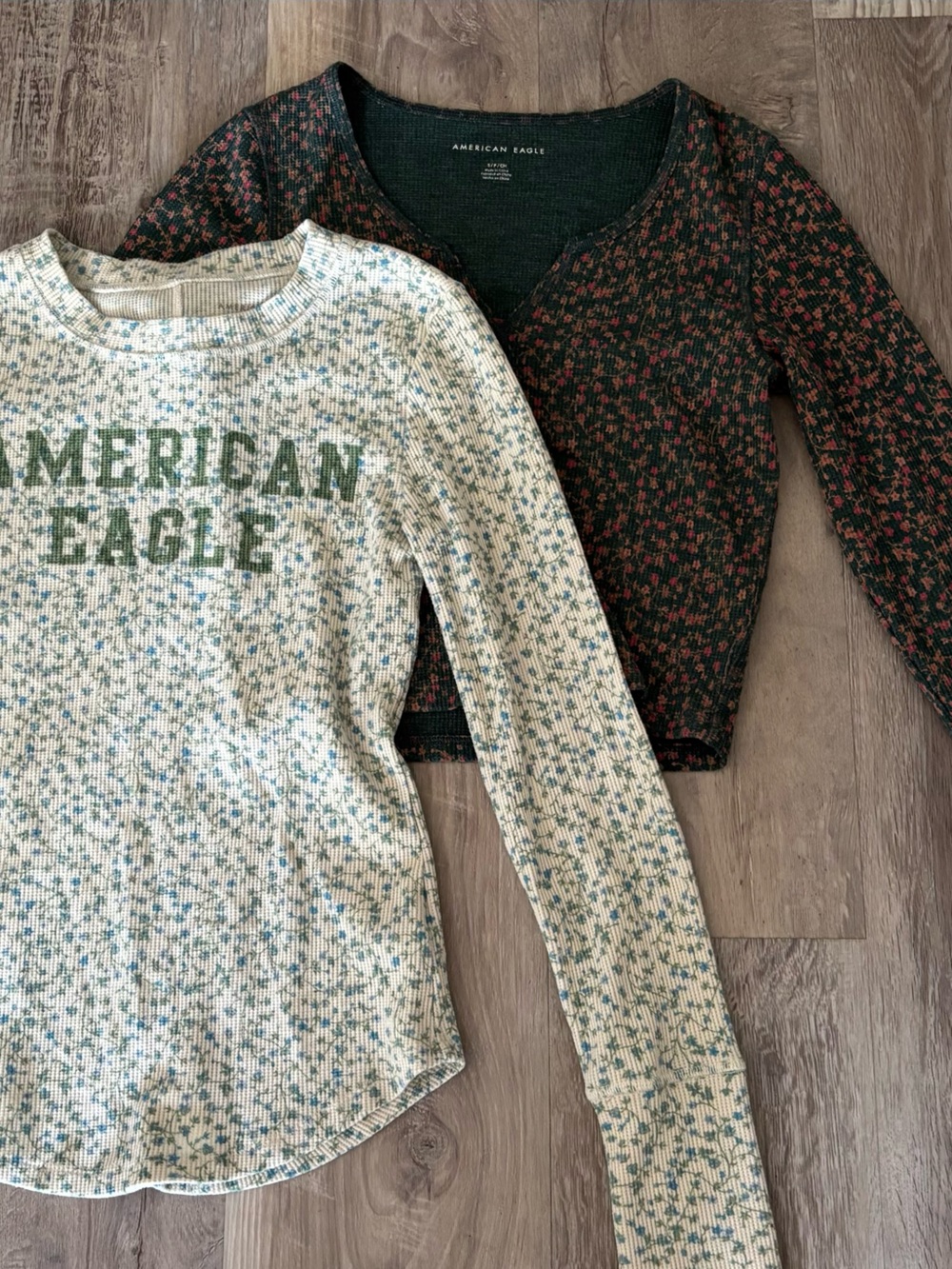 Duo American Eagle Outfitters Green Patterned Crop Top and Cream Patterned Top S